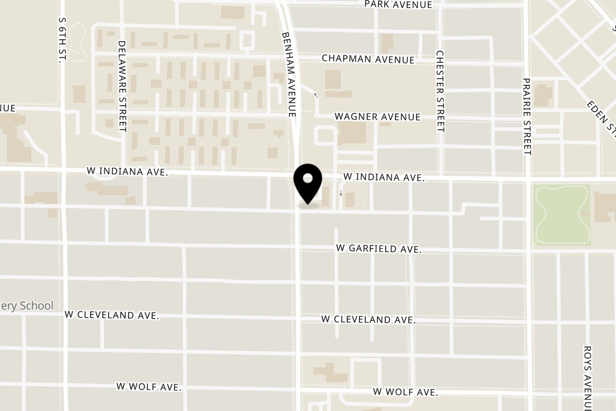 Map showing the location of Harolds Chicken 100 on 1514 Benham Ave in Elkhart